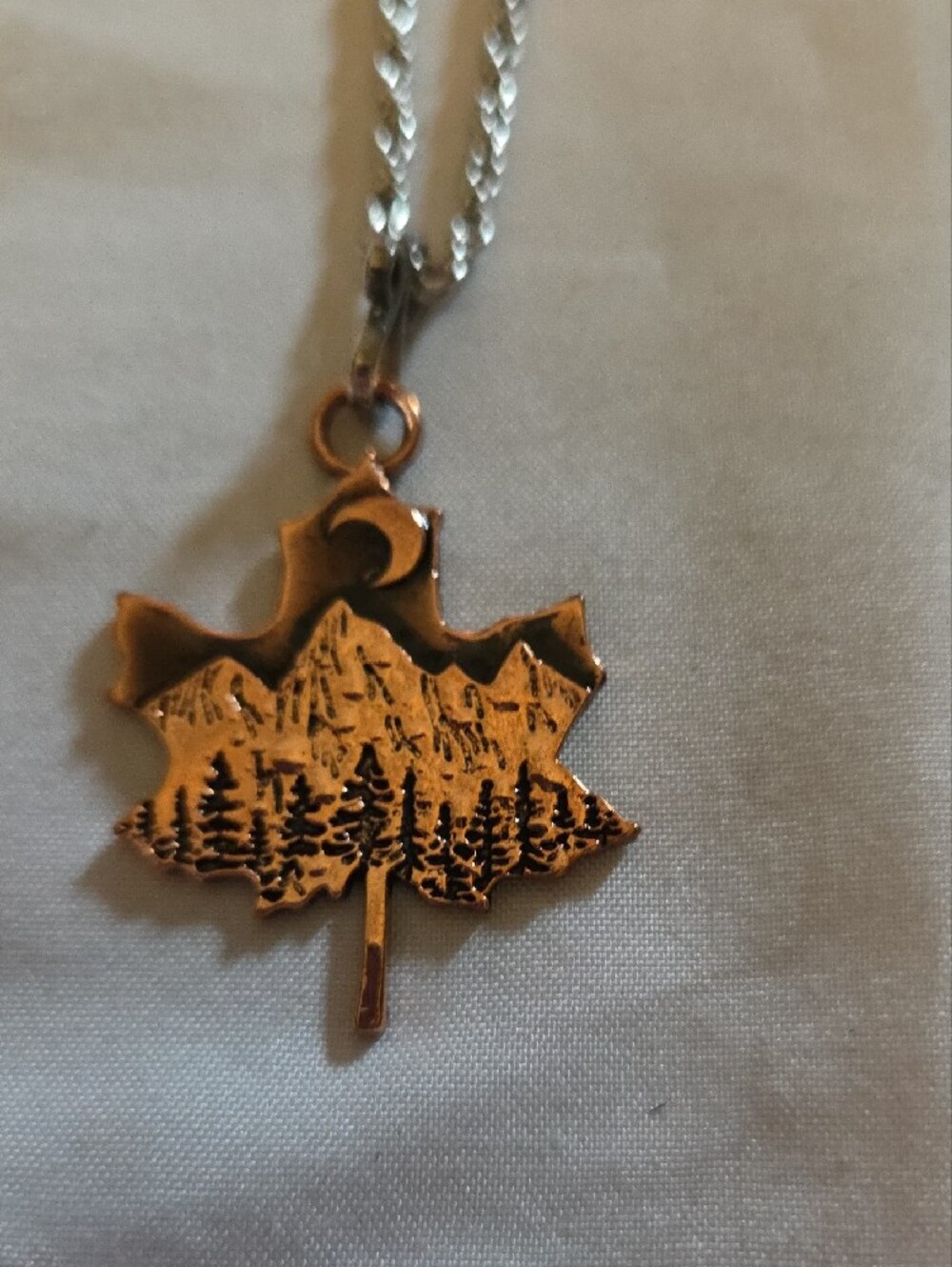 Copper Leaf Pendant Necklace with Mountain Engraving - Women Jewelry - Picture 2 of 5